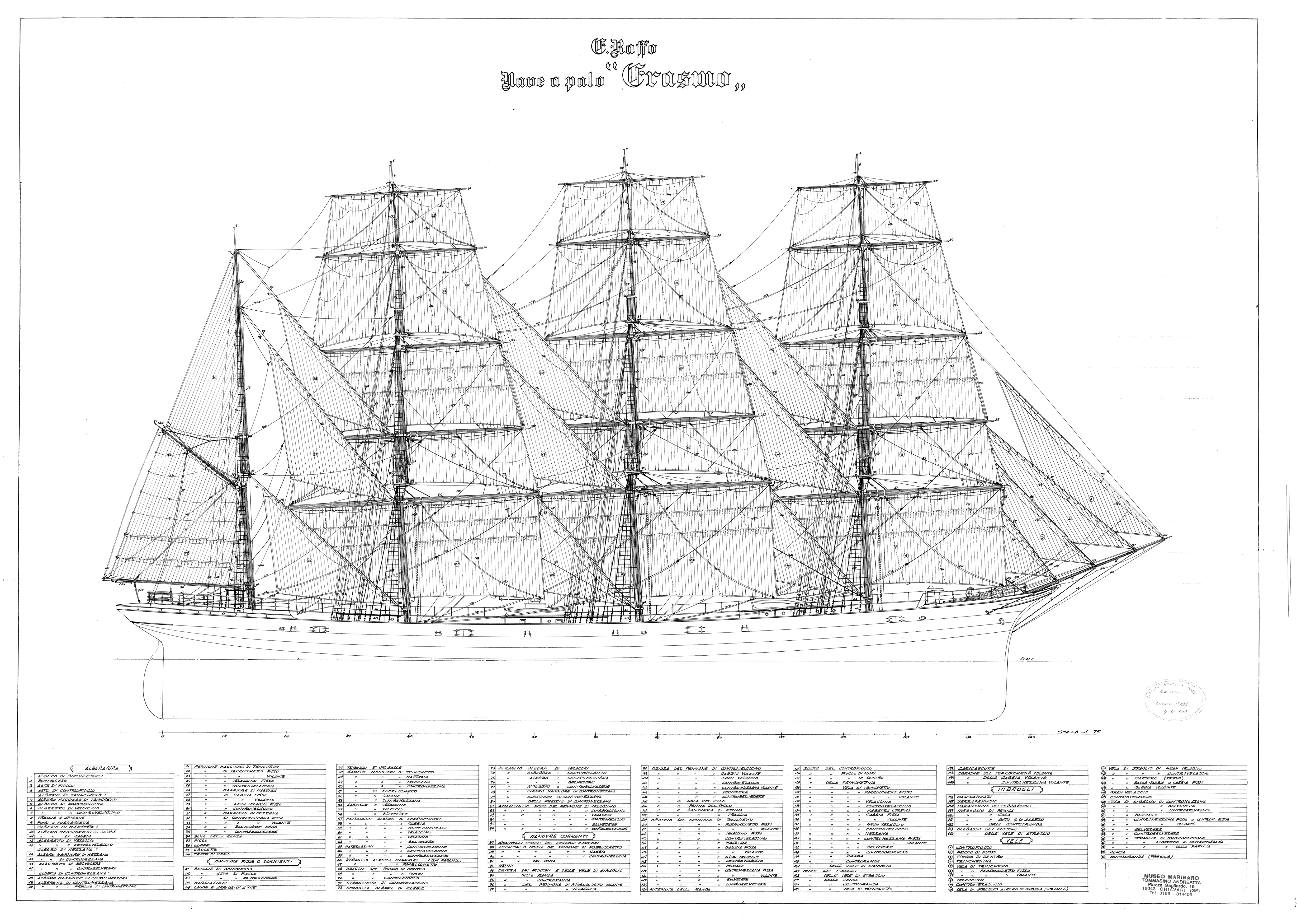 free, ship, plan, drawing, Italian, barque, Erasmo, Erasmus, steel, hull, wooden, vessel, cargo, sailing, sail, square rig, ship model, model shipbuilding, maritime history