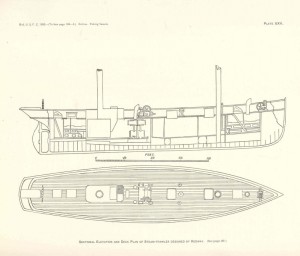 Deck and inboard profile view of 19th Century Great Lakes steam-powered fishing trawler designed by W.E. Redway