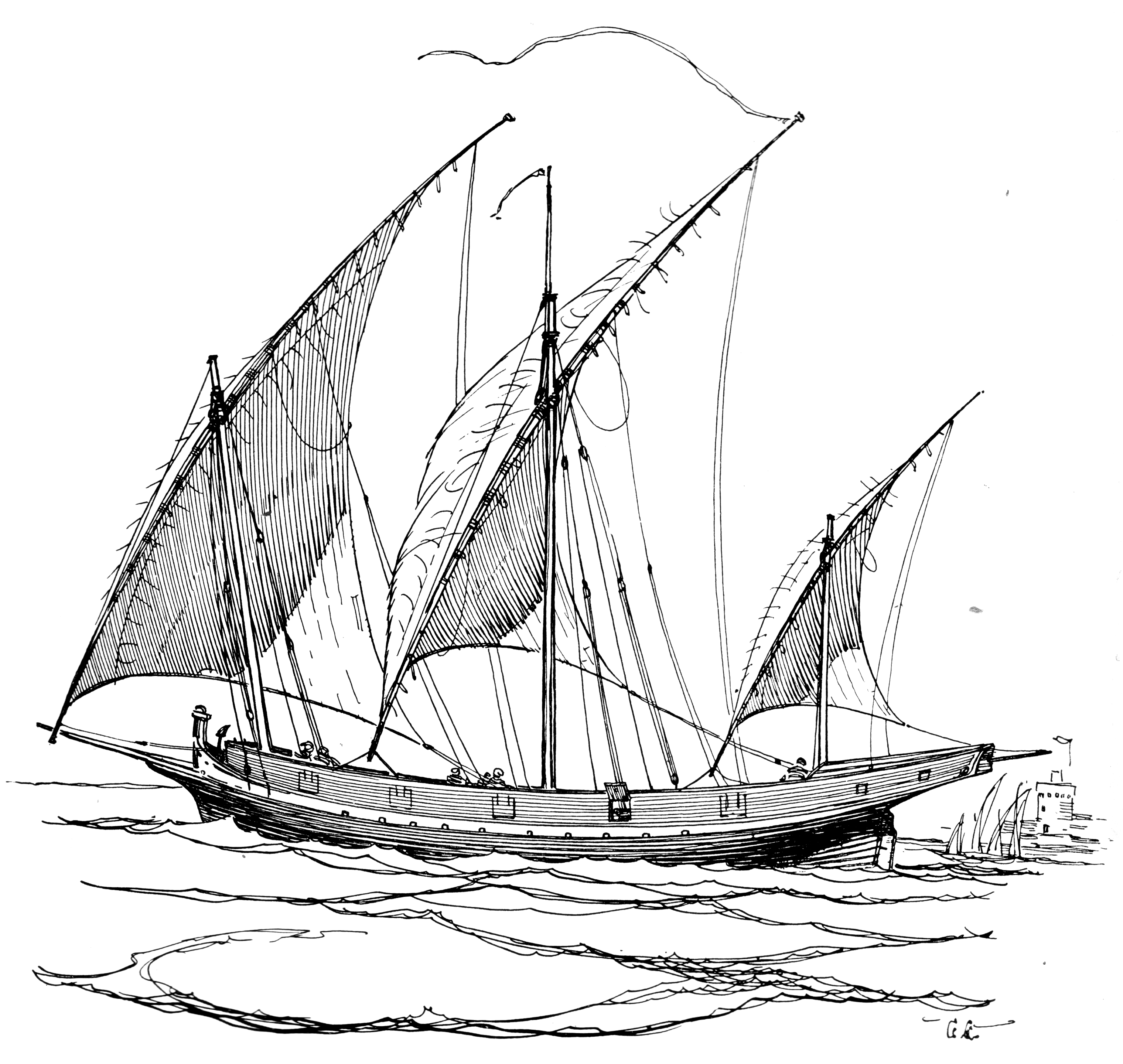 lateen, sail, triangular, square, rigged, sail, ship, vessel, xebec