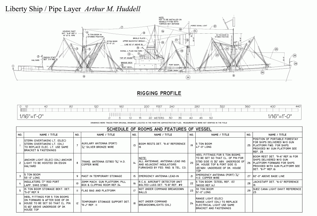 free ship plan, rigging side view, Liberty Ship Arthur M. Huddell