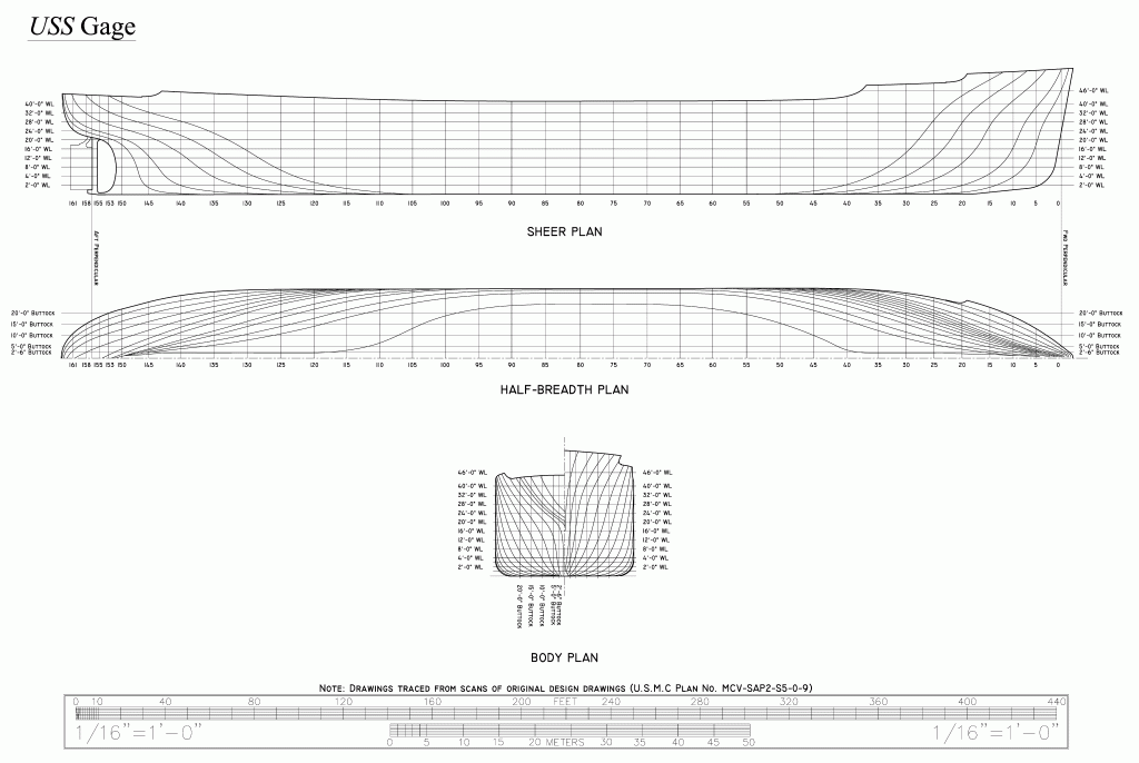 Ships lines plan of Victory ship U.S.S. Gage (left-click to open image; right-click and choose "save image as" to download).