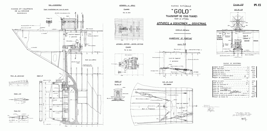 free ship plan, French, cargo, vessel, Golo, merchant marine, World War II, rudder detail plan