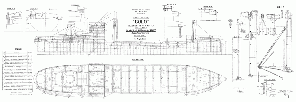 free ship plan, French, cargo, vessel, Golo, merchant marine, World War II, awning railing plan