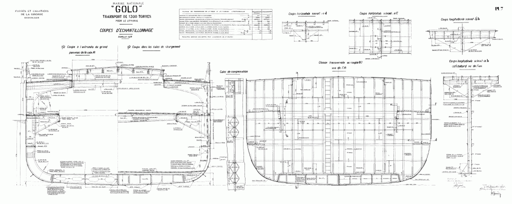 free ship plan, French, cargo, vessel, Golo, merchant marine, World War II, section details plan