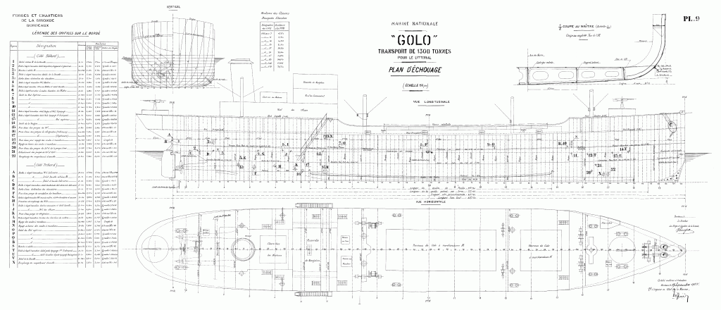 free ship plan, French, cargo, vessel, Golo, merchant marine, World War II, framing plan