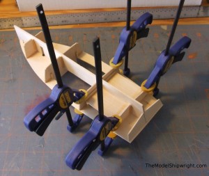 gluing boat deck, Chesapeake Bay Flattie, Midwest Products, model ship building