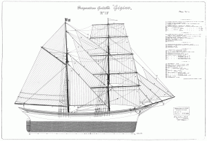 Sail plan, Free ship plans, sailing, ship, vessel, wooden, brigantine, schooner, Italian, Gigino, 20th Century, ship model, scratch, building