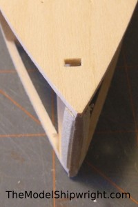 model ship, kit, plank-on-bulkhead, midwest products, chesapeake bay flattie, planking the hull, sanding the Bow stiffeners