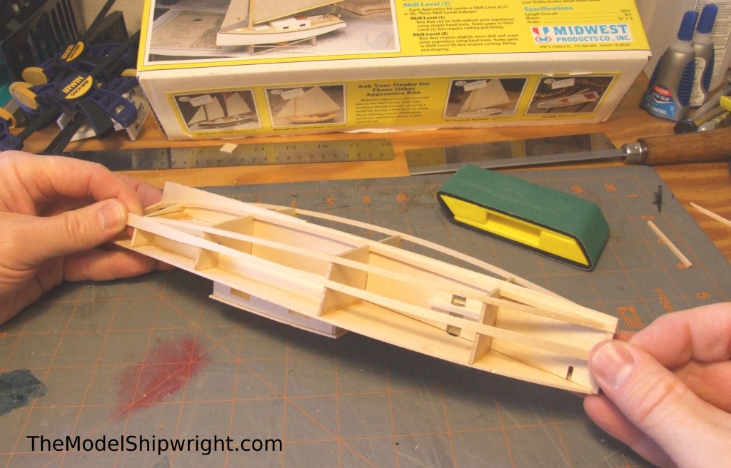 model ship, kit, plank-on-bulkhead, midwest products, chesapeake bay flattie, planking the hull, fairing