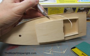 model ship, kit, plank-on-bulkhead, midwest products, chesapeake bay flattie, planking the hull, trimming side plank