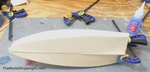 model ship, kit, plank-on-bulkhead, midwest products, chesapeake bay flattie, planking the hull