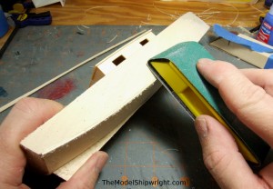 model ship, kit, plank-on-bulkhead, midwest products, chesapeake bay flattie, planking the hull, sanding bottom plank