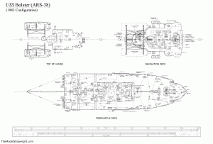 Free ship plans, USS Bolster, ARS-38, U.S. Navy, World War II, salvage,auxiliary, vessel, upper deck plans