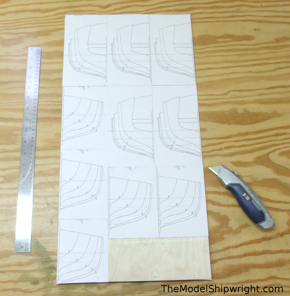 template blanks on plywood, The final result, shown in Figure 31, shows all the section plans glued down to the 12” x 24” piece of plywood. I placed them so the center-lines were against the edge of the plywood where I could, and aligned the other center-lines where I couldn't use the edge of the plywood sheet. This made it much easier to cut the pieces apart with a heavy utilty knife, which could do the job in two passes.