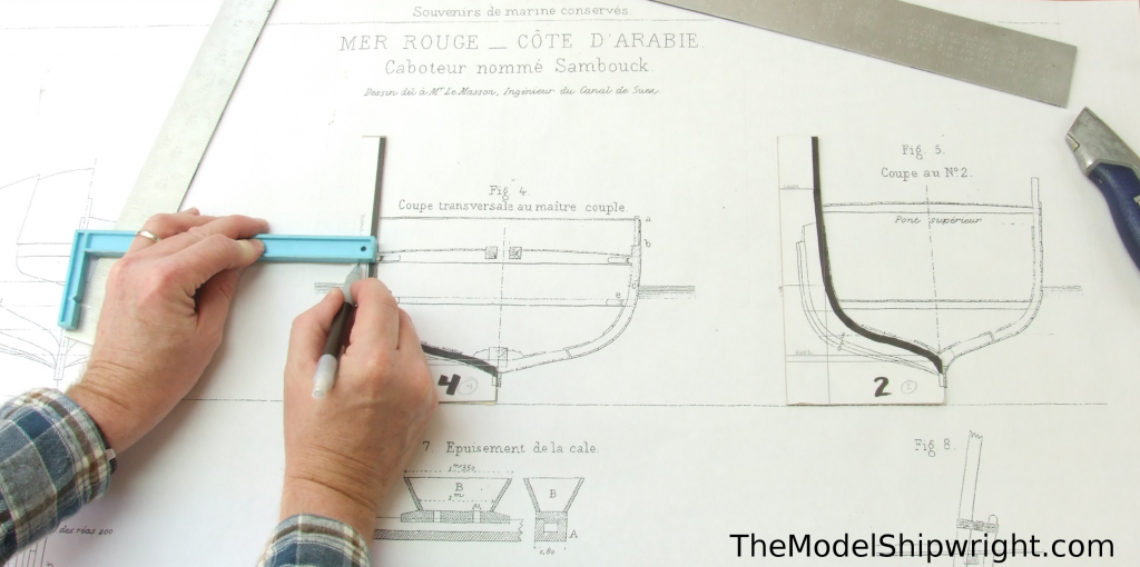 Adding deck lines, Ship model, Arab, Sambouk, dhow, scratch-building, solid hull, bread-and-butter, section plan, templates