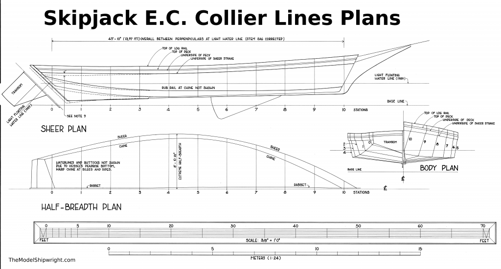 lines plan, scratch-building, ship model, plank-on-bulkhead, method, Skipjack, E.C. Collier, Chesapeake Bay, Oyster dredge