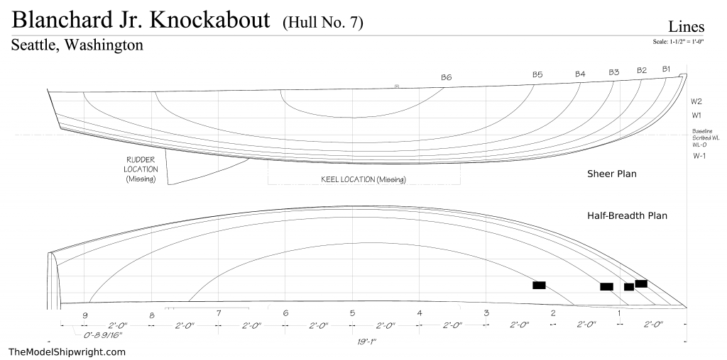 Lines plans, Free ship plans, sailboat, day-sailing, Blanchard, Junior Knockabout, steam-bent, frame, depression-era