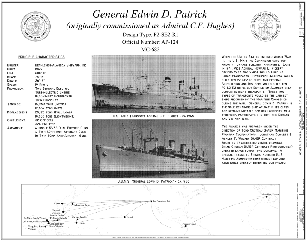 Image of the General Edwin D. Patrick previous name Admiral C.F. Hughes US Navy US Army troop transport ship from World War II, the Korean War, and the Vietnam War.
