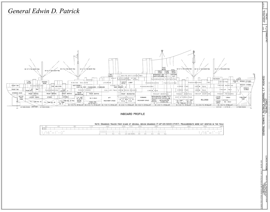 Inboard Profile Plans for the General Edwin D. Patrick previous name Admiral C.F. Hughes US Navy US Army troop transport ship from World War II, the Korean War, and the Vietnam War.
