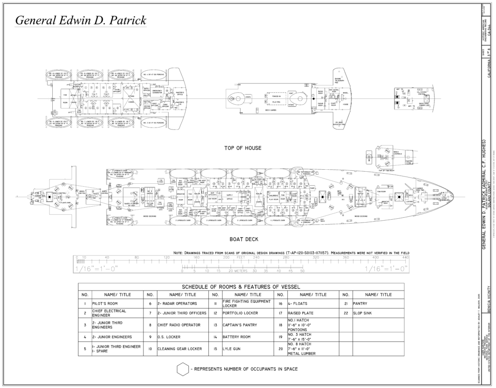 Boat Deck Plans for the General Edwin D. Patrick previous name Admiral C.F. Hughes US Navy US Army troop transport ship from World War II, the Korean War, and the Vietnam War.