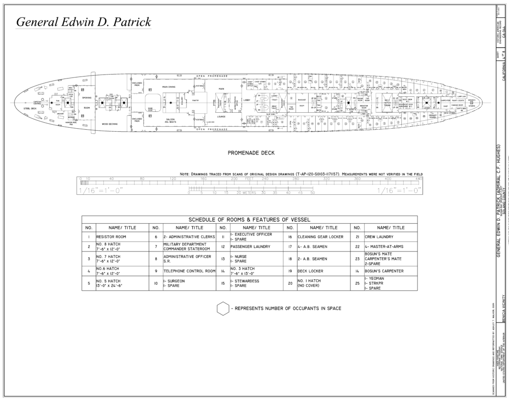 Promenade Deck Plans for the General Edwin D. Patrick previous name Admiral C.F. Hughes US Navy US Army troop transport ship from World War II, the Korean War, and the Vietnam War.