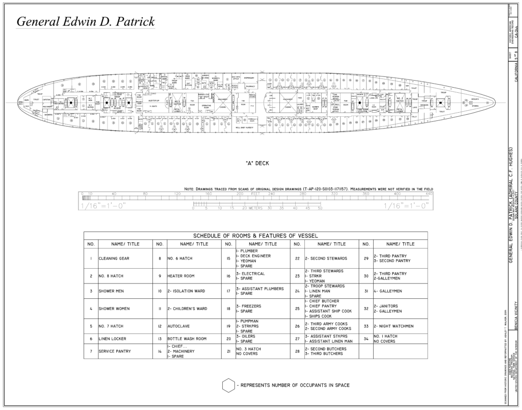 A Deck Plans for the General Edwin D. Patrick previous name Admiral C.F. Hughes US Navy US Army troop transport ship from World War II, the Korean War, and the Vietnam War.