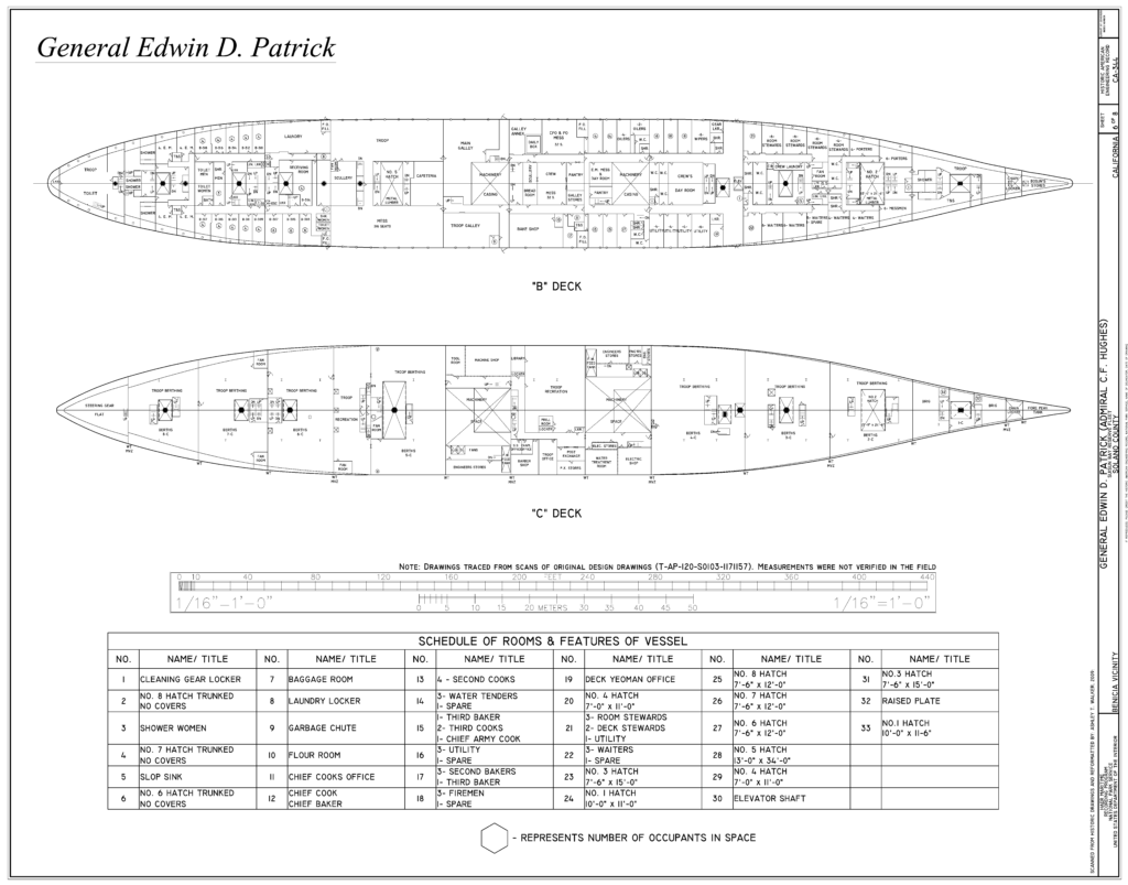 B and C Deck Plans for the General Edwin D. Patrick previous name Admiral C.F. Hughes US Navy US Army troop transport ship from World War II, the Korean War, and the Vietnam War.
